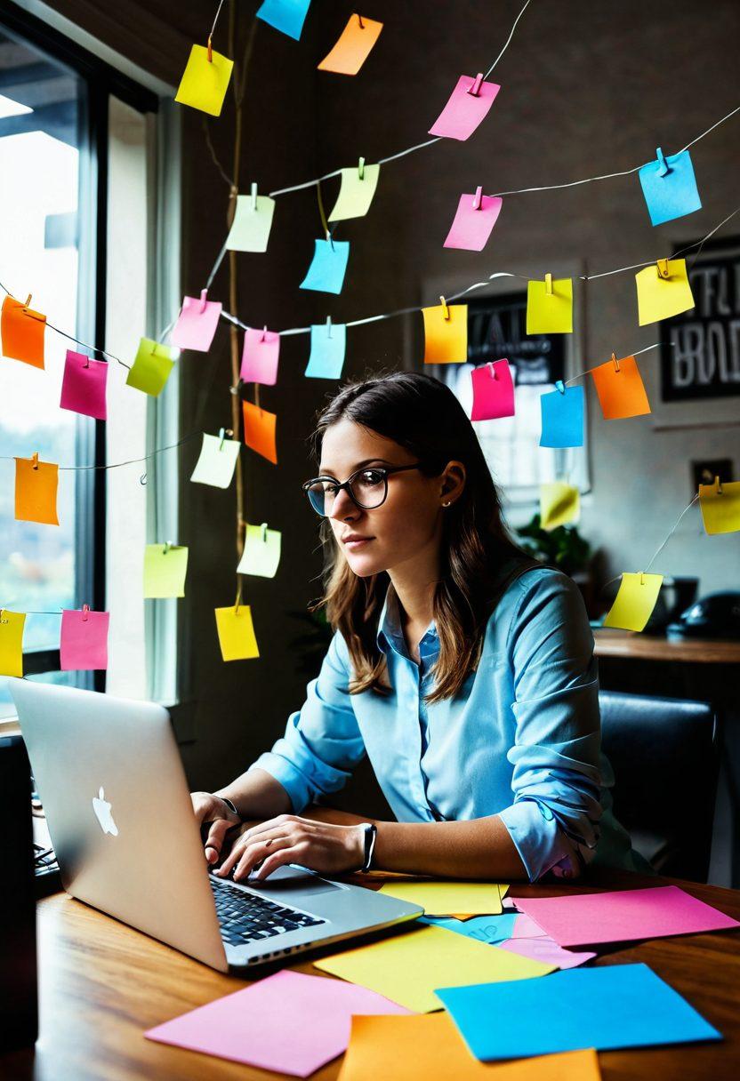 A person sitting at a desk surrounded by colorful sticky notes and open laptops, brainstorming blogging ideas. A light bulb above their head symbolizes creativity, with arrows pointing to icons of various digital platforms (blogs, social media) around them. A warm and inviting atmosphere with a hint of sunlight flowing through a window, creating a sense of inspiration. super-realistic. vibrant colors. soft background.
