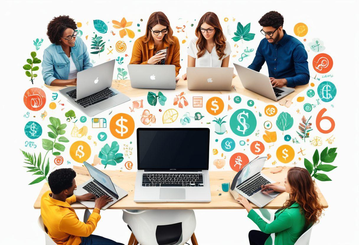 A vibrant digital collage showcasing a diverse range of bloggers at work on their laptops in various niches, surrounded by symbols of successful monetization like dollar signs, engaging content, and charts. Bright colors highlight creativity, while an inviting workspace vibe captivates the viewer. Incorporate elements of nature and technology coexisting to symbolize growth and innovation. vector art. vibrant colors. white background.