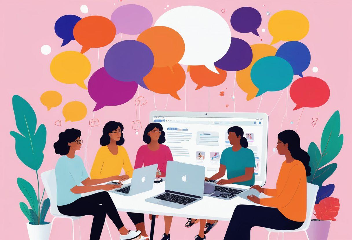 A vibrant and welcoming online community scene, with diverse figures engaging in conversation around a glowing laptop, showcasing tech gadgets and colorful speech bubbles. Visual elements representing blog topics like food, travel, and lifestyle float in the air, creating an inviting atmosphere. A digital landscape in the background depicts a rich blogosphere filled with interconnected ideas and users. super-realistic. vibrant colors. white background.